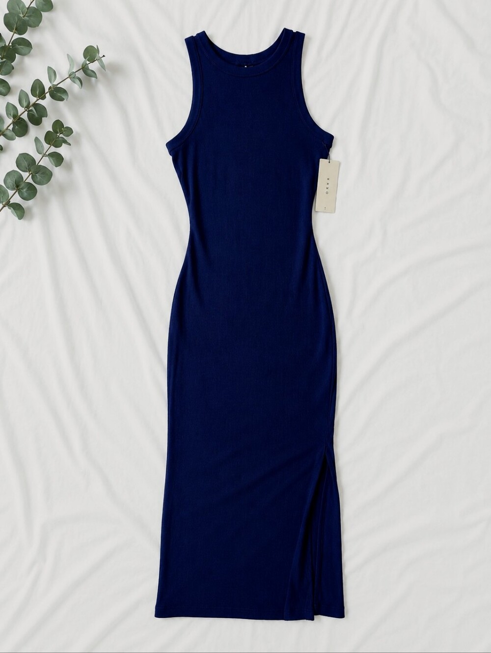 KAMO Navy Blue Ribbed Bodycon Maxi Dress Sleeveless Stretch Medium NWT